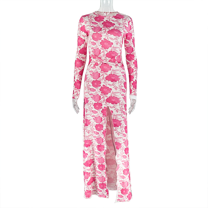 Pleated Slim Fit Round Neck Long Sleeve Maxi Dress Pink - Shop at LoveMi