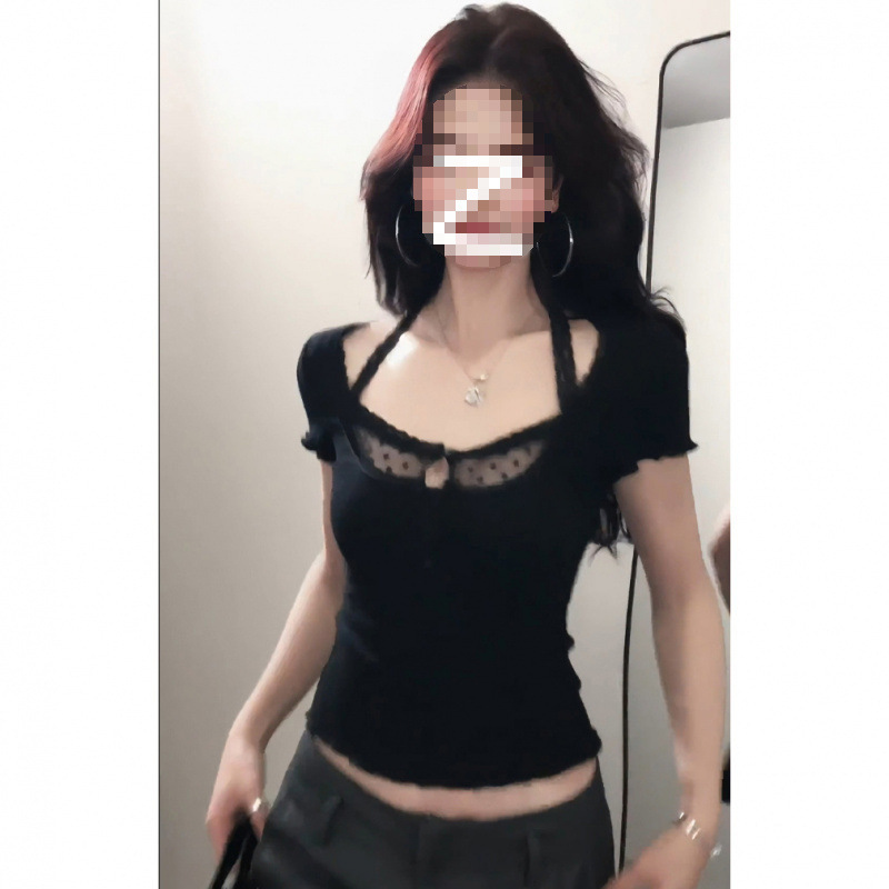 Pure Desire Style Stitching Lace Halter Top Women's Design Sense