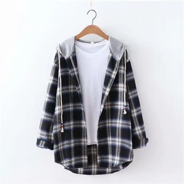 Retro Style Springsummer Autumn Plaid Shirt Women's Loose And Hooded Cardigan Coat Retro Blue Black - Shop at LoveMi