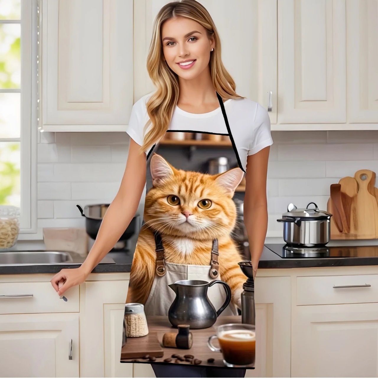 Coffee Cat Print Apron For Nail Art And Gardening Work