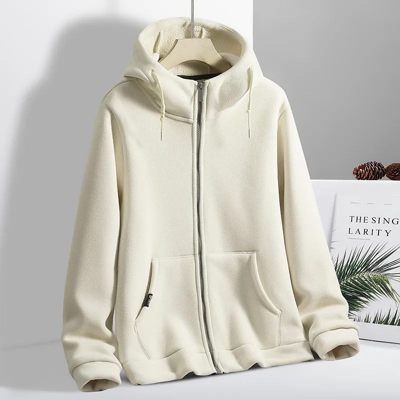 Velvet Padded Thickened Sweater Couple's Fleece Sweater Cardigan Hoodie - Ivory