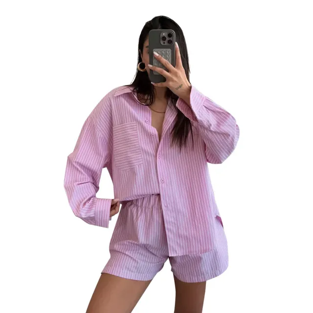 Striped Cardigan And Long Sleeve Womens Shirt Set Pink - Shop at LoveMi