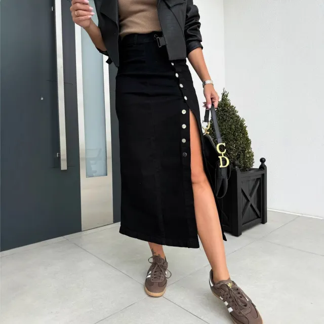 Women's Solid Color Button Irregular Slit Denim Skirt Black - Shop at LoveMi