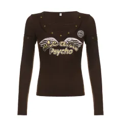 American Retro Rivet Design Square-cut Collar Letter Print Fashion T-shirt - Brown - View 1