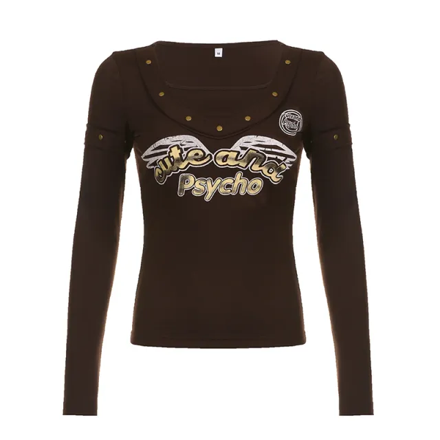 American Retro Rivet Design Square cut Collar Letter Print Fashion T shirt Brown - Shop at LoveMi