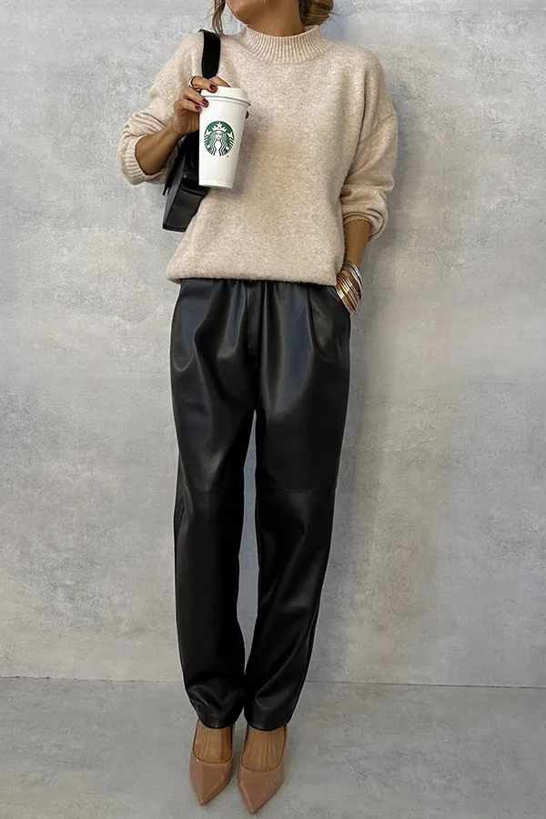 Elastic Waist With Pocket Street Leather Pants Women Black - Shop at LoveMi