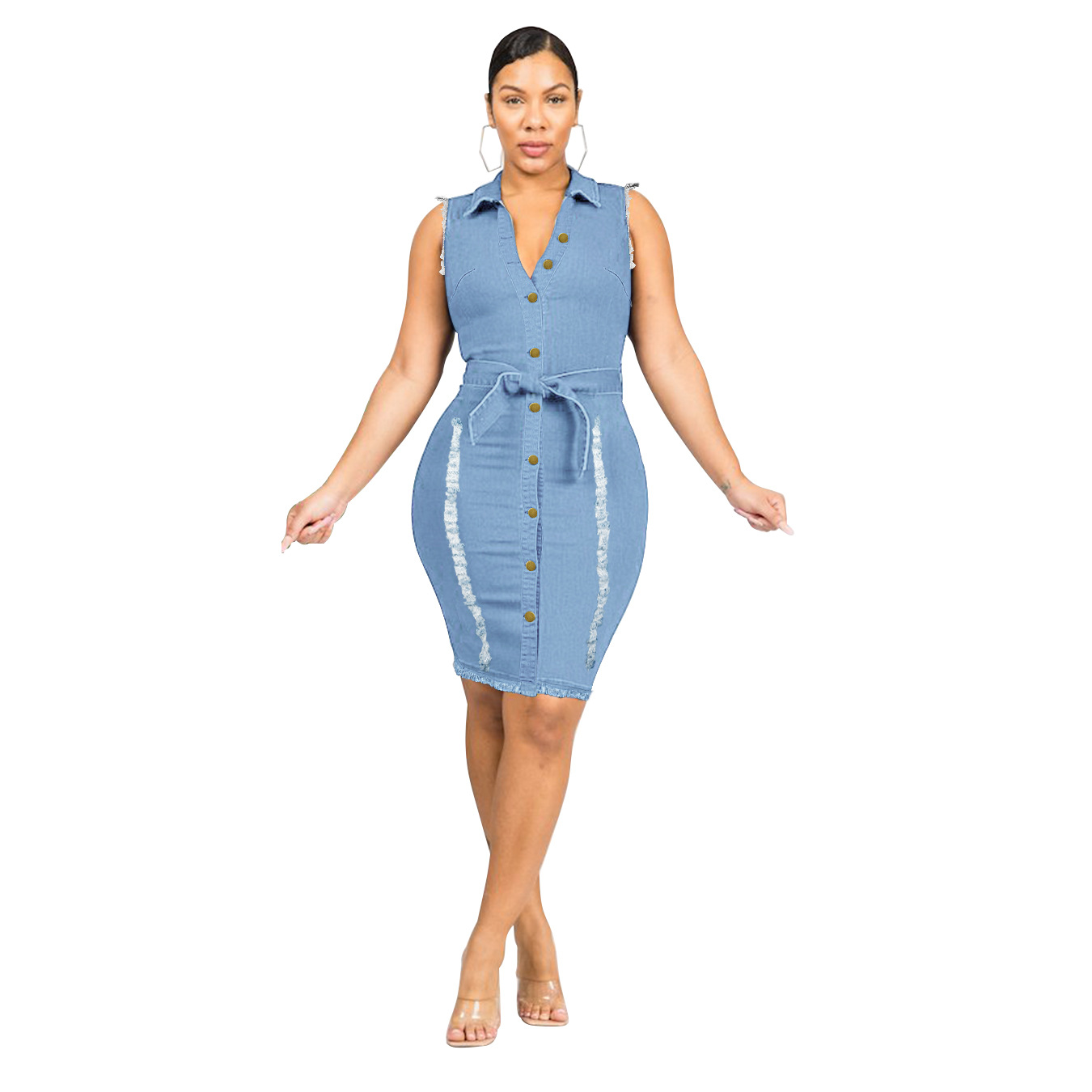 Women's Mid-elastic Slim Fit Denim Grinding Hole Dress