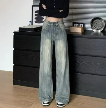 High Waist Striped Blue Loose Wide Leg Jeans Women Draped Pants Blue - Shop at LoveMi