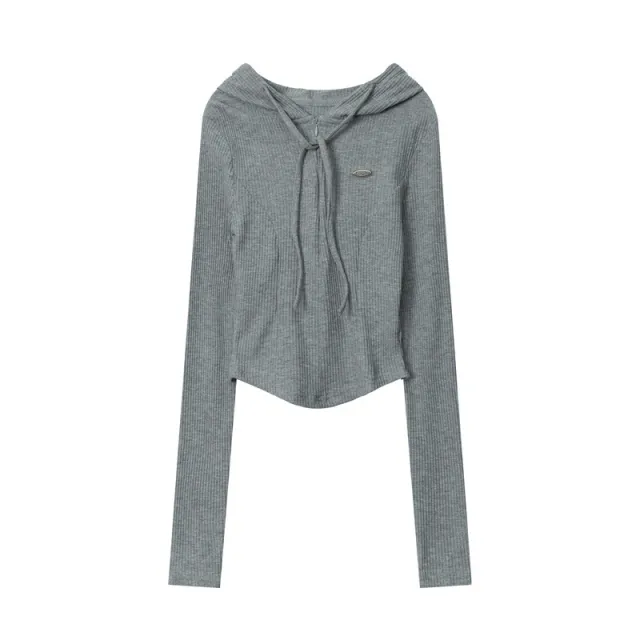 Hooded Tight Long Sleeve Ribbon Spring And Autumn Tops Flower Gray - Shop at LoveMi