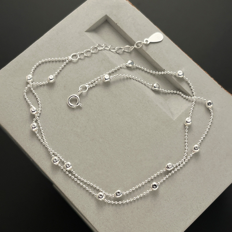 925 Sterling Silver Interval Round Beads Double-circle Anklet Female