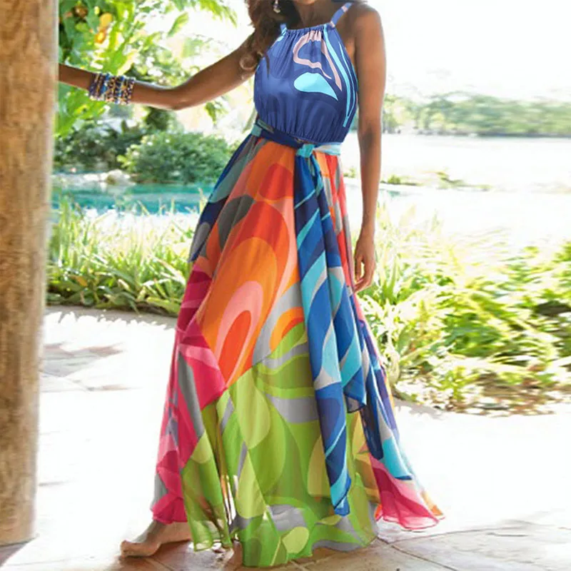 Women's Bohemian Halter Sleeveless 3 Digital Printed Dress - As Shown In The Figure