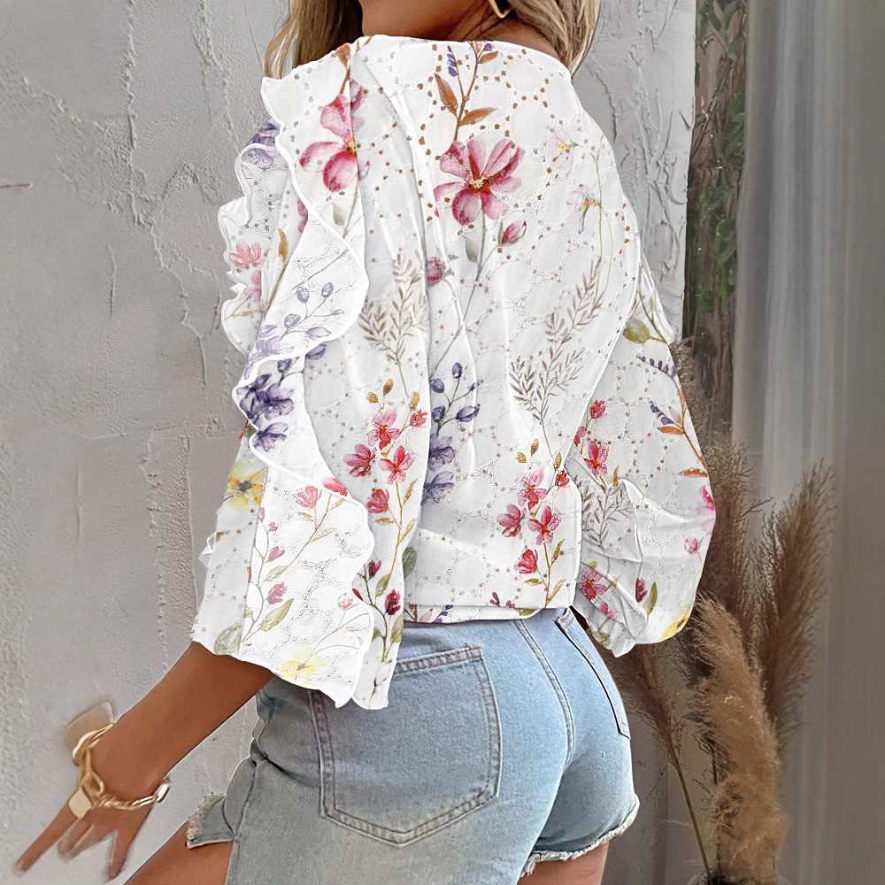 Printed Embroidered Ruffled Long-sleeved Top