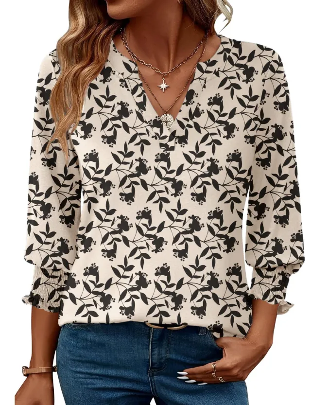 Fashion Tops Three quarter Sleeve Flower Print Casual Shirt Apricot - Shop at LoveMi