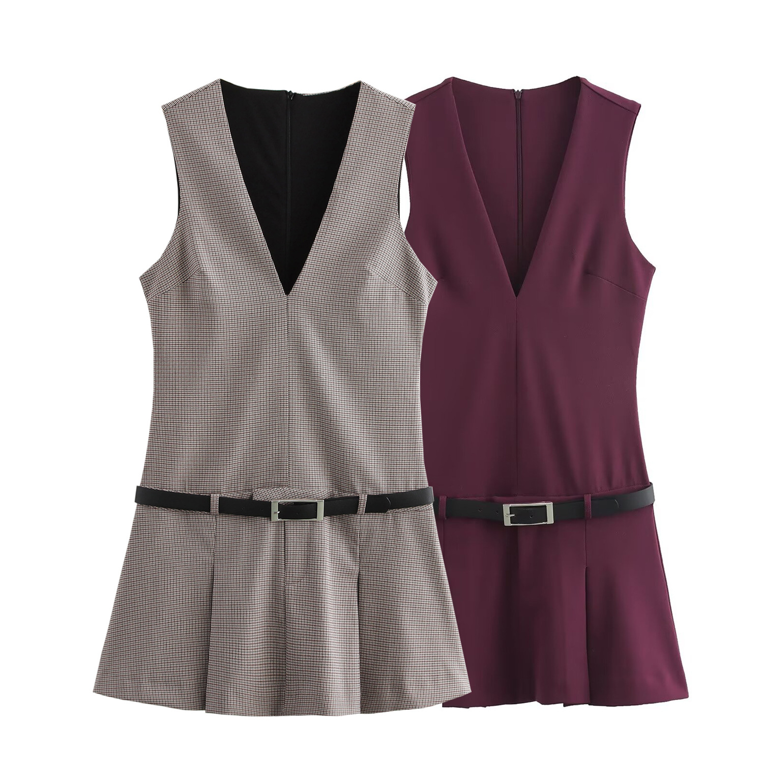 European And American Style Women's French Style With Belt Wide Pleated Sleeveless Dress