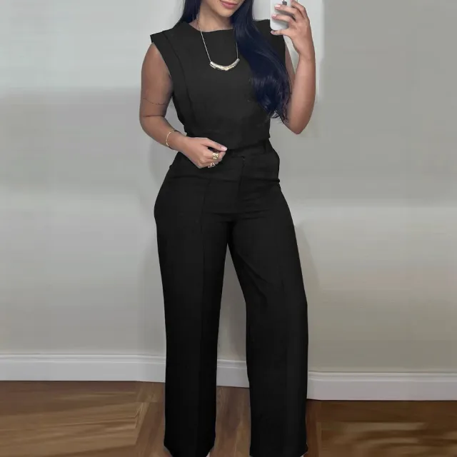 Summer Sleeveless Suit Fashion Round Neck Vest Top And Pocket Straight Pants Casual Trousers Set For Women Clothing Black - Shop at LoveMi