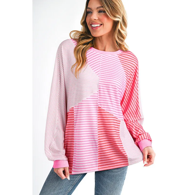 Women's Casual Printed Round Neck Sweatshirt - Pink