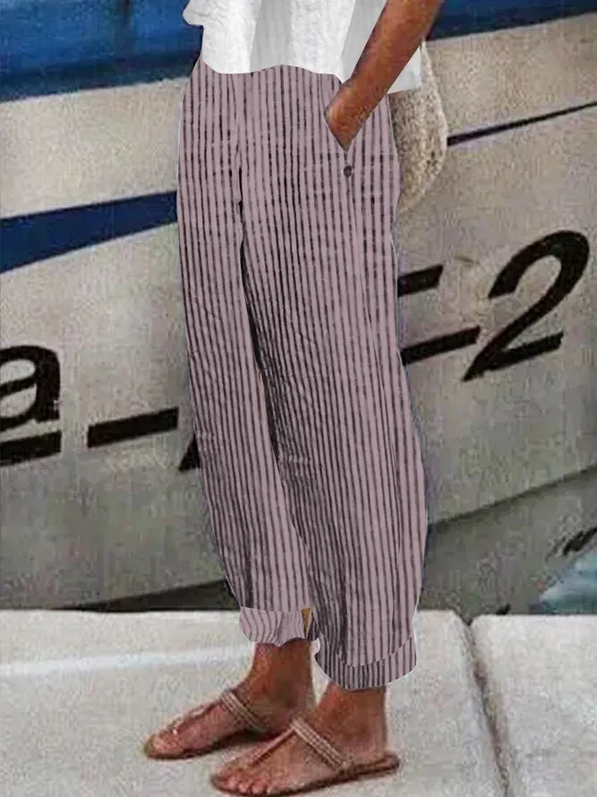 Striped Printed Women's Pants Cotton And Linen Breathable - Lotus Root-L