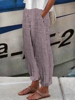 Striped Printed Women's Pants Cotton And Linen Breathable - Lotus Root-L - View 1