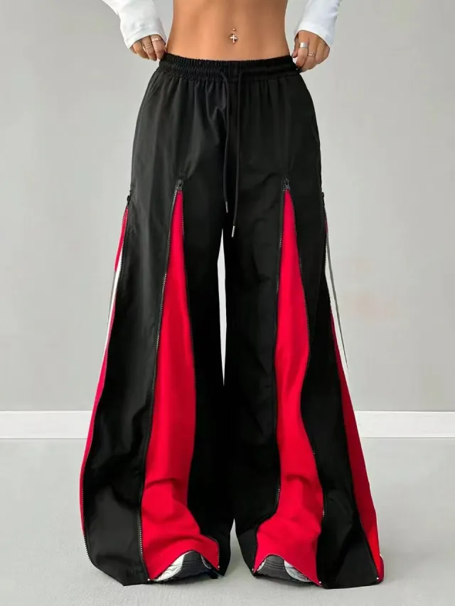 Women's Contrast Color Bell bottom Pants black And Red Casual Elastic Waist Red - Shop at LoveMi