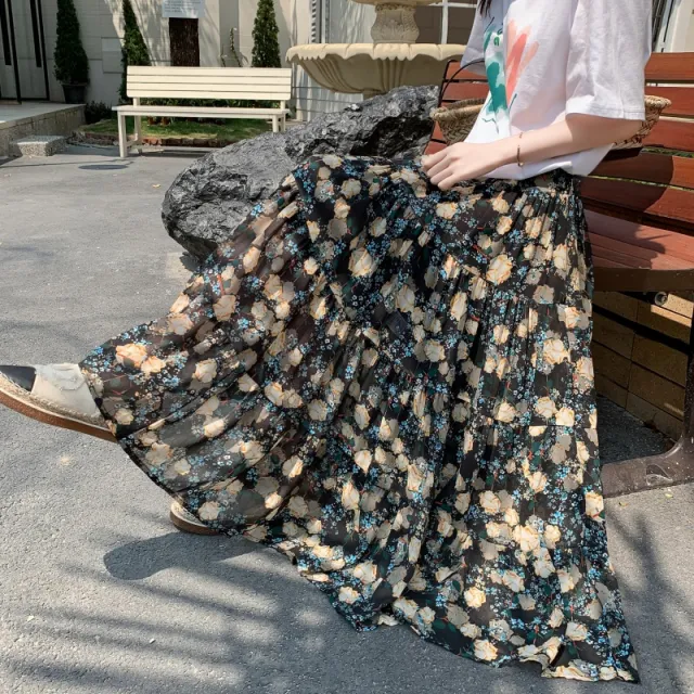 High Waist Drooping Printed Chiffon Floral Skirt For Women Blue - Shop at LoveMi