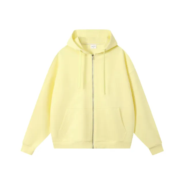 Loose Drop shoulder Combed Cotton Hooded Zipper Sweatshirt Cream Yellow - Shop at LoveMi