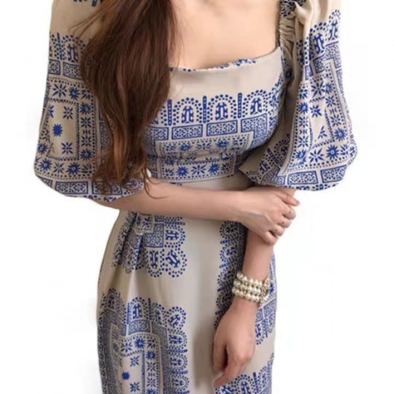 Printed Square Collar Off-shoulder Slim-fit Slimming High Waist Lantern Sleeve Dress