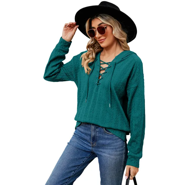 Women's Solid Color Hooded Sweater Neckline Tied Long Sleeves Top Peacock Green - Shop at LoveMi