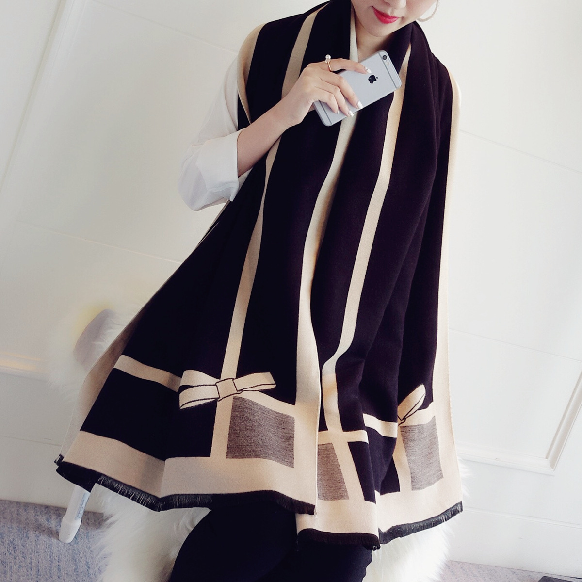 Women's Temperament Color Matching Bow Oversized Double-sided Shawl Dual-use