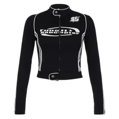 Women's Letter Print Contrast Colour Top - Black - View 1