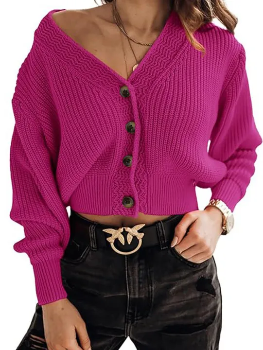 Lady's Sweater Cardigan Loose V neck Coat Red Vegetable Purple - Shop at LoveMi