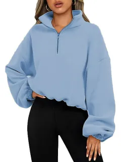 European And American Half Zipped Stand Collar Drawstring At Hem Polar Fleece Jacket - Light Blue - View 1