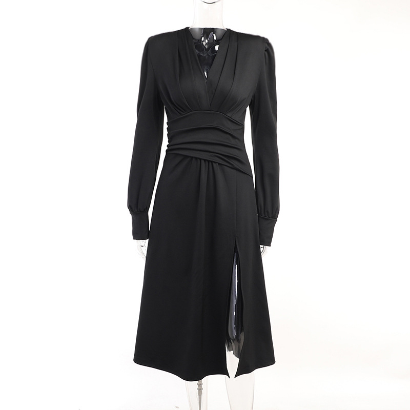 Pleat And Waisted Lantern Sleeve Dress Simple Adult Lady Like Woman Style Black - Shop at LoveMi