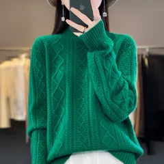 Autumn And Winter Thickening Half Turtleneck Cable-knit Sweater Sweater - Emerald - View 1