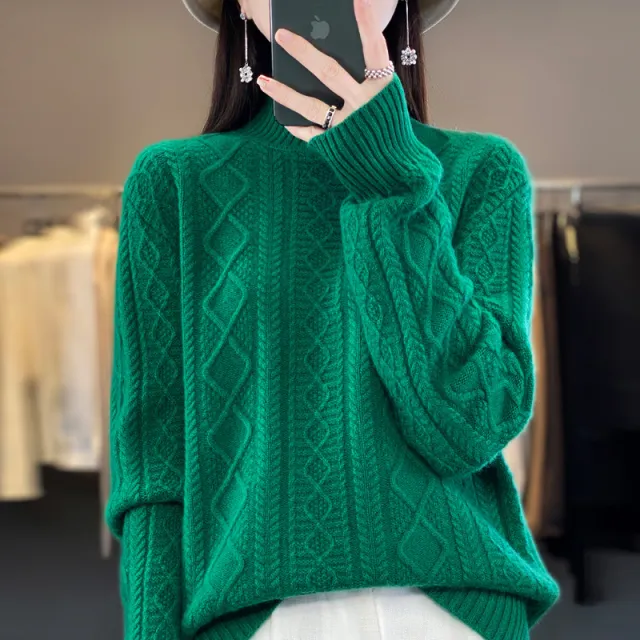 Autumn And Winter Thickening Half Turtleneck Cable knit Sweater Sweater Emerald - Shop at LoveMi