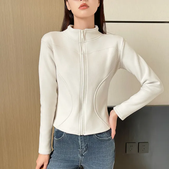 Stand Collar Short Coat Cashmere Hoodie Women Plus Velvet Thickening Beige - Shop at LoveMi