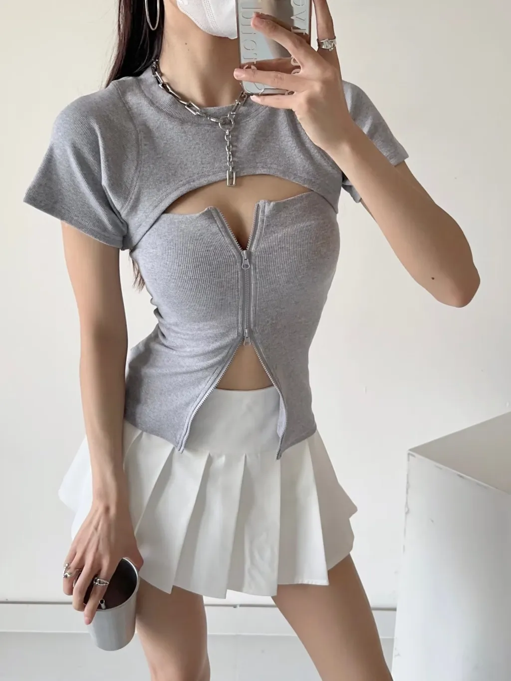 Women's Slim-fit Zipper Tube Top Short Sleeve Small Waistcoat Top - Gray