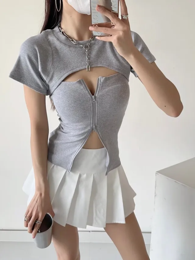 Women's Slim fit Zipper Tube Top Short Sleeve Small Waistcoat Top Gray - Shop at LoveMi