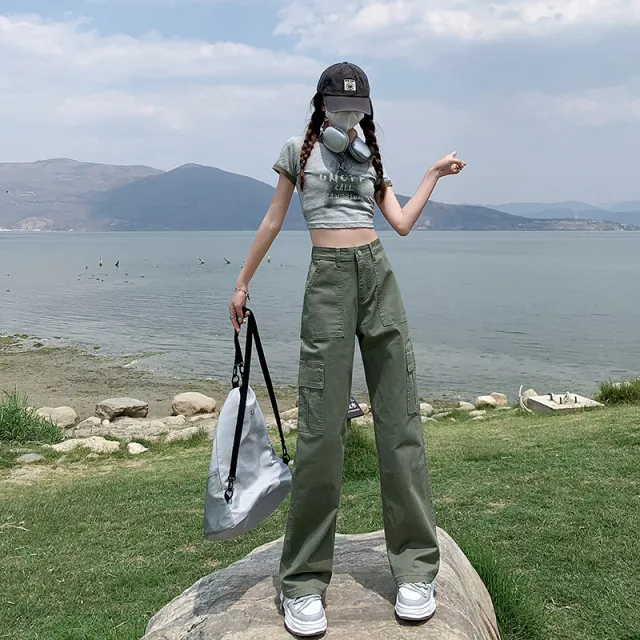 Straight Cargo Pants Women's High Waist Loose Grass Green Lengthened - Shop at LoveMi