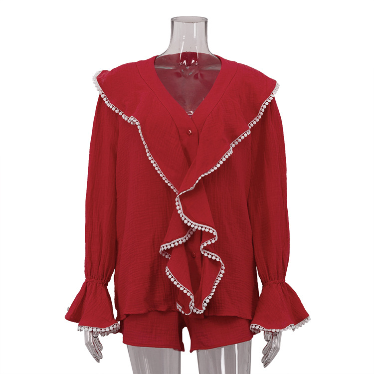 Lace V-neck Flared Sleeves Top And Shorts Two-piece Set