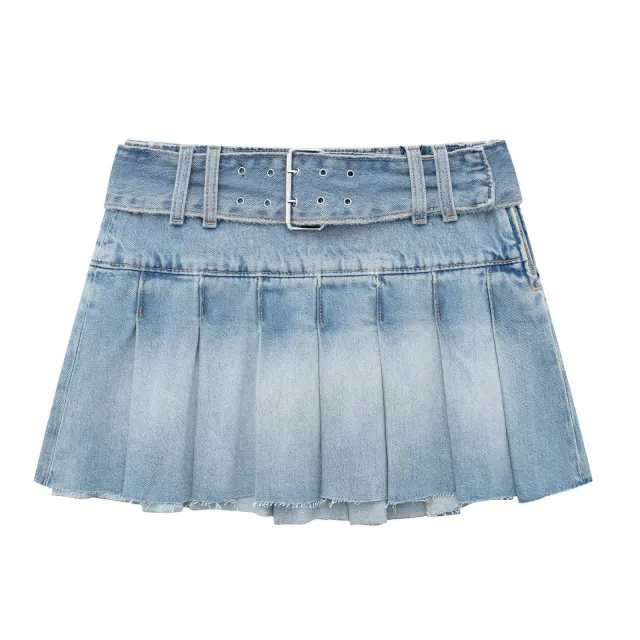 Wide Pleated Waistband Mini Denim Skirt Picture Color L - Shop at LoveMi