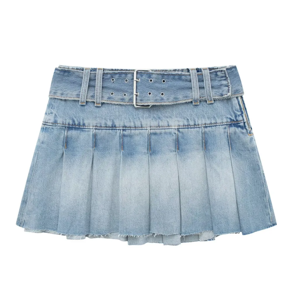 Wide Pleated Waistband Mini Denim Skirt - Picture Color-L