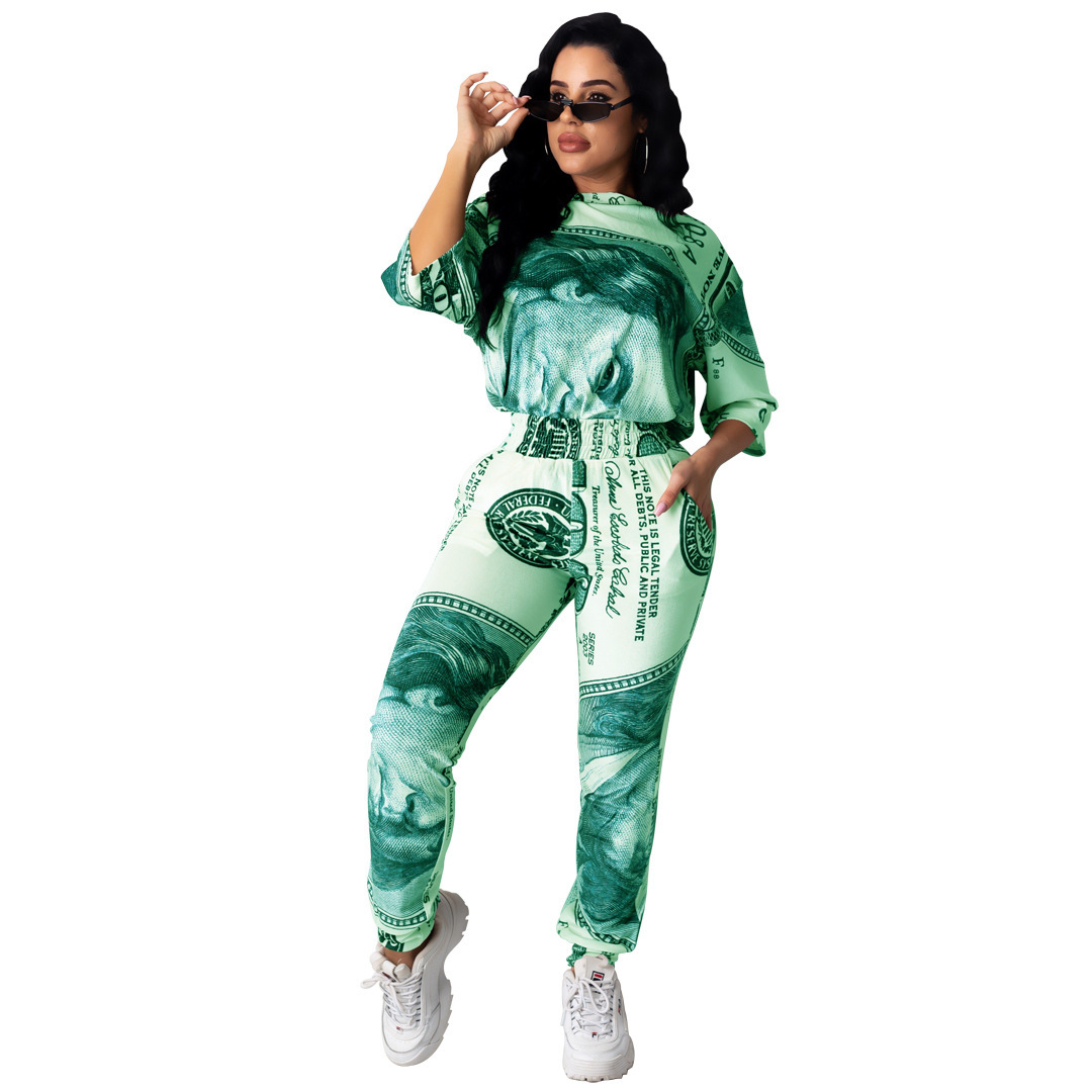 Women's Fashion Dollar Print Sports Two-piece Set