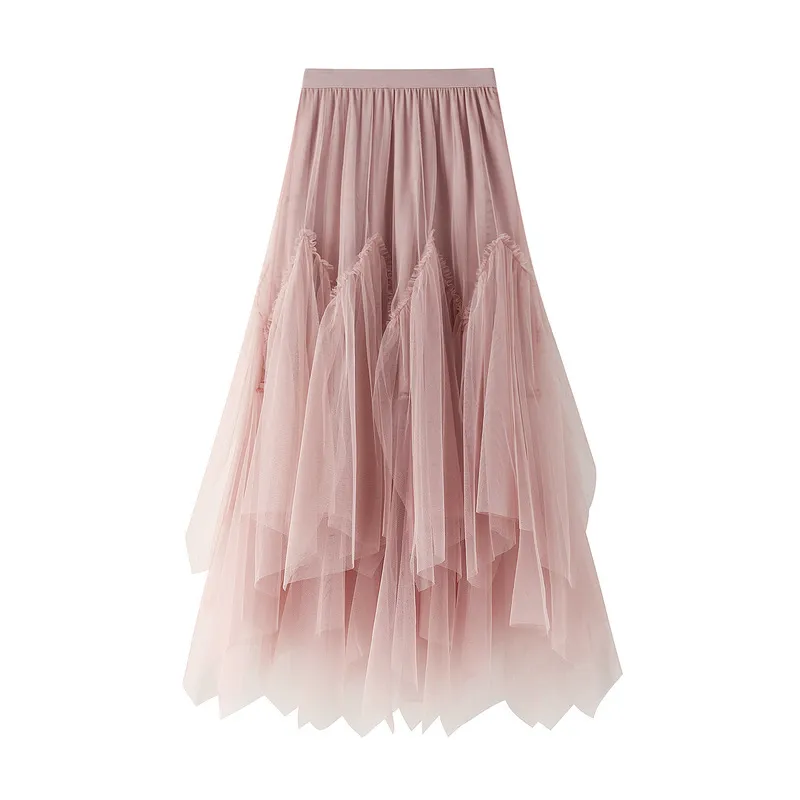 Skirt Autumn And Winter Women's Mid-length A- Line Skirt Tulle Tutu Skirt Long Skirt Mesh Irregular Pleated Skirt - Pink