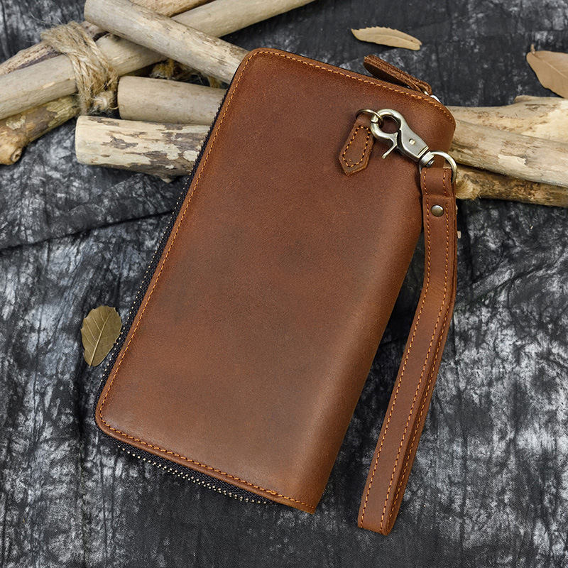 Men's Long Leather Wallet With Dual Zippers