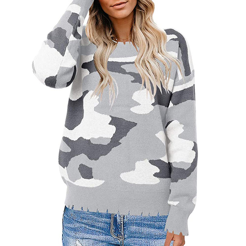 Women's Fashion Simple Cut And Tear Camouflage Sweater Light Gray - Shop at LoveMi