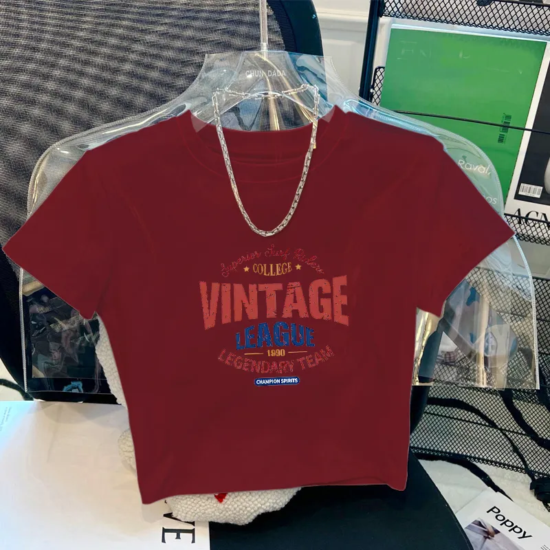 Retro Alphabet Short-sleeved T-shirt Short Top - Red