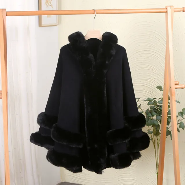 Loose Fur Collar Shawl, Cold proof Fleece lined Thick Coat Black - Shop at LoveMi