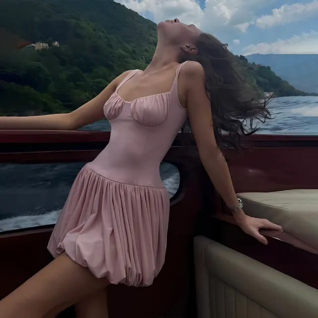 European And American Style Strap Tube Top Dress Sexy Waist Trimming Solid Color Pleated Pink - Shop at LoveMi