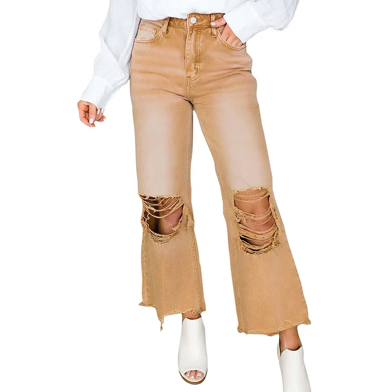 Women's Ripped Jeans Washed High Waist - Brown