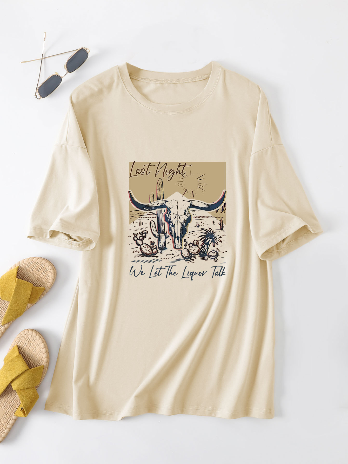 Casual Women's Round Neck Loose Short Sleeves Sand Color S - Shop at LoveMi